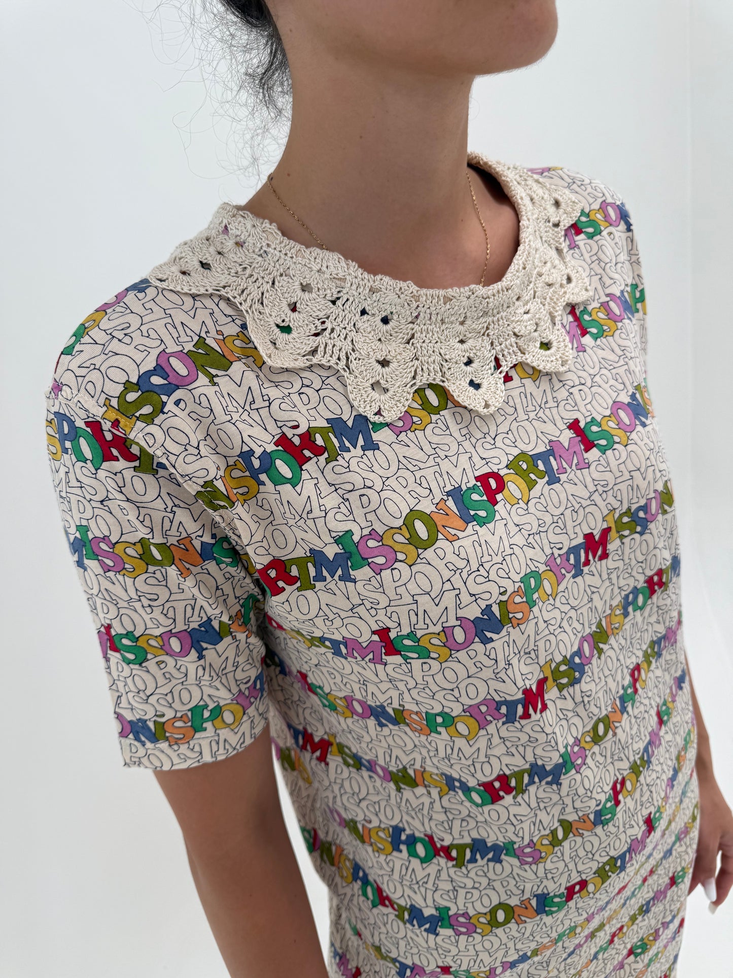 Rochie vintage Missoni cu influențe casual cu guler macrame din bumbac
