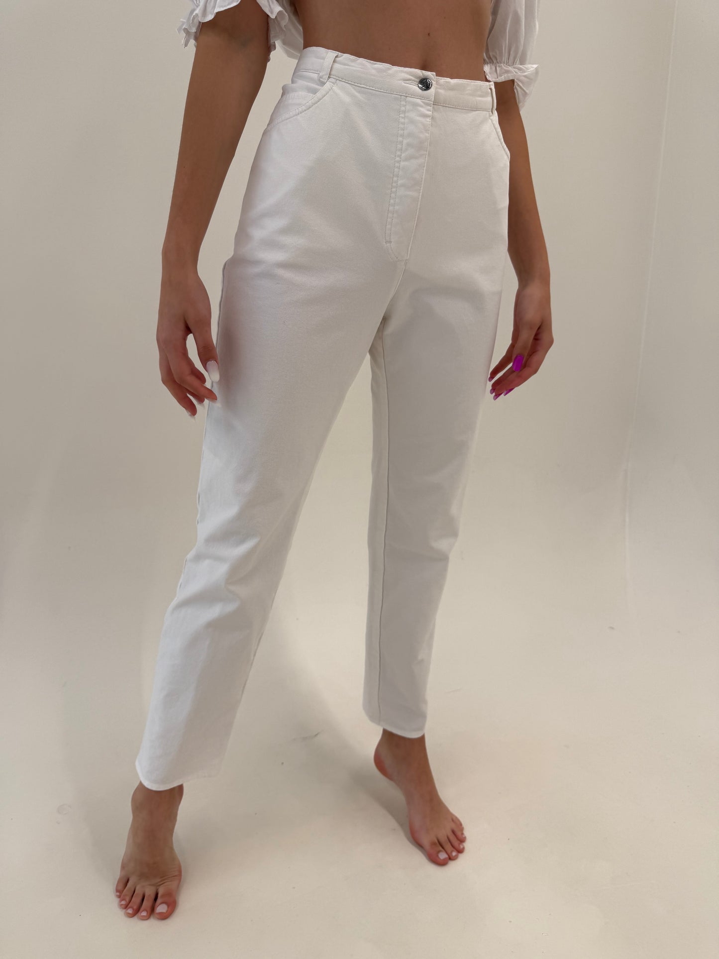 Pantaloni albi ultra confort modelatori din bumbac cu talie ultra înaltă
