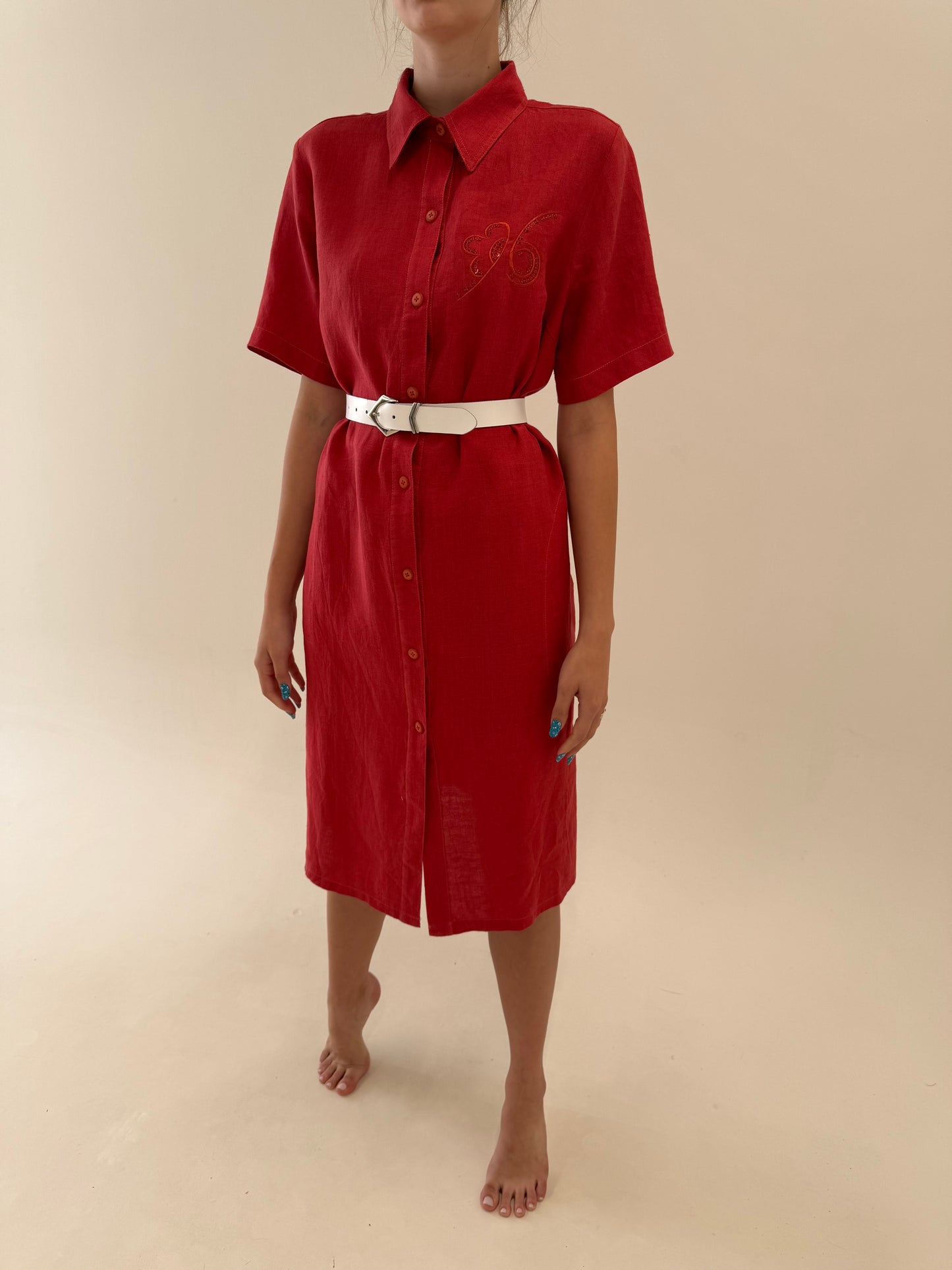 Rochie italiană brick red din in excepțional cu broderie