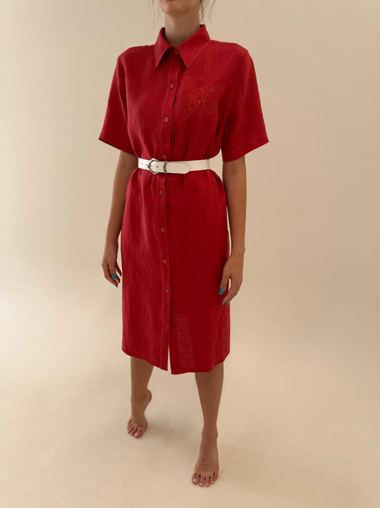 Rochie italiană brick red din in excepțional cu broderie