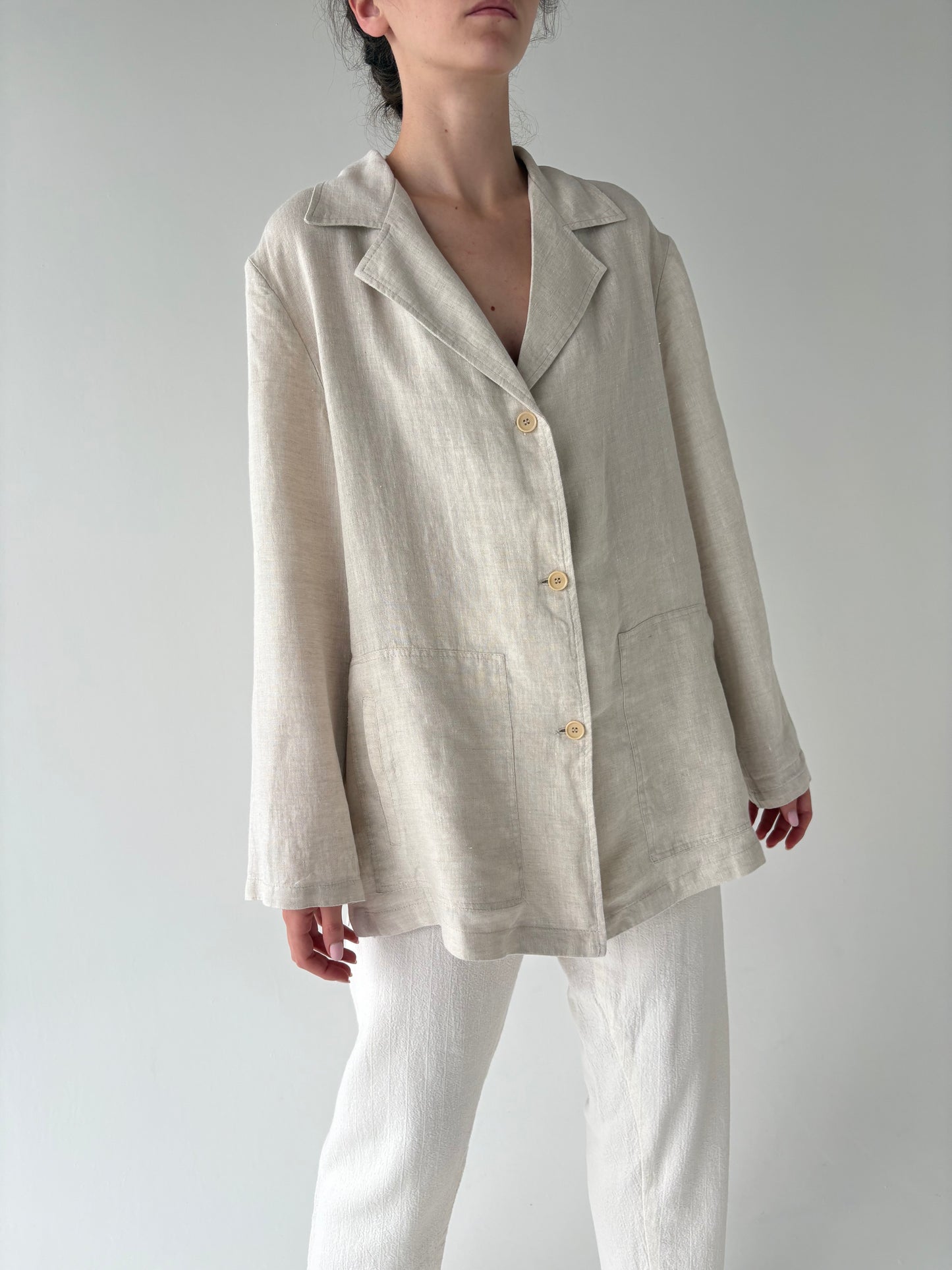 Sacou light nude în croi clasic de vară din in premium