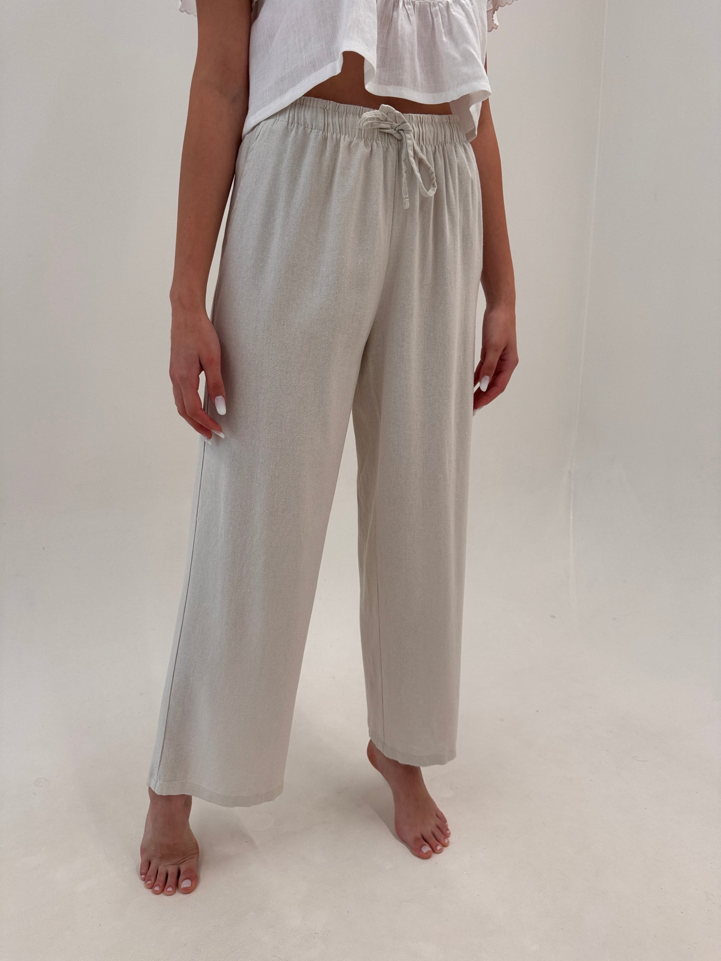 Pantaloni sand nude palazzo din pânză de in și bumbac