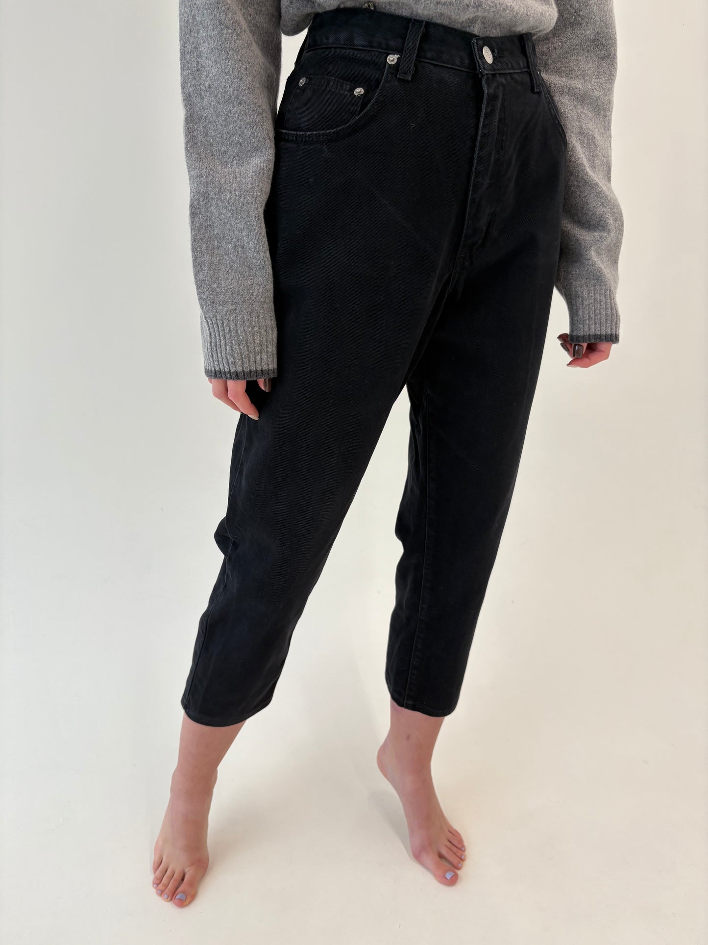 Jeans vintage mom fit petite dark wash cu talie ultra înaltă