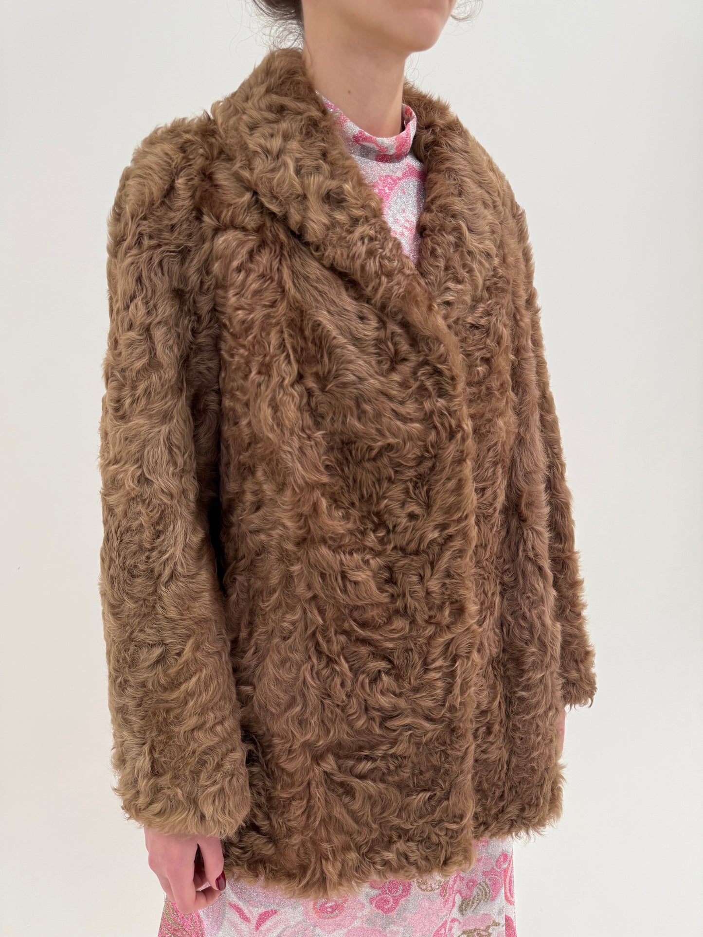 Blană vintage luxury mouton frisé dark camel