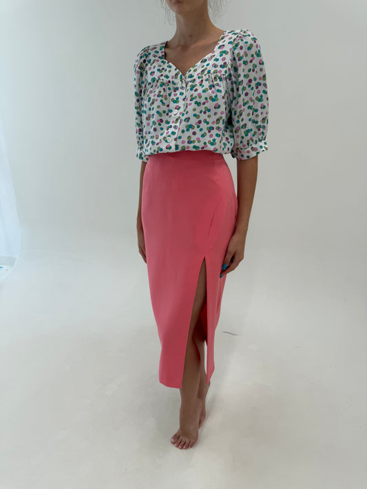 Fustă salmon pink maxi cu șliț adânc lateral modelatoare