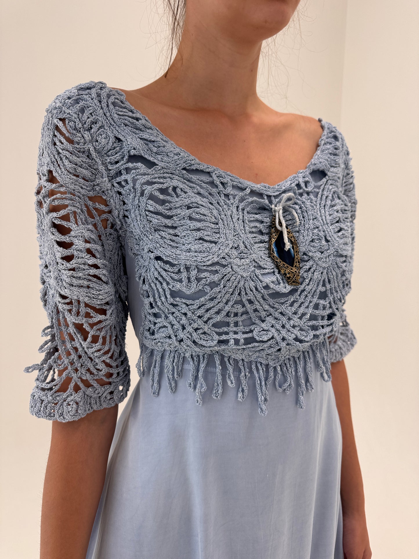 Rochie baby blue Elisa Cavaletti brand premium italian cu macrame în croi actual