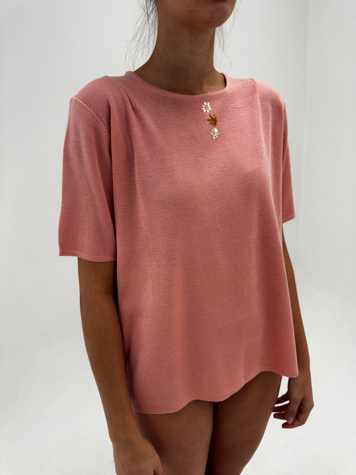 Top vintage powder pink din mix de lana extragi a cu broderie delicată