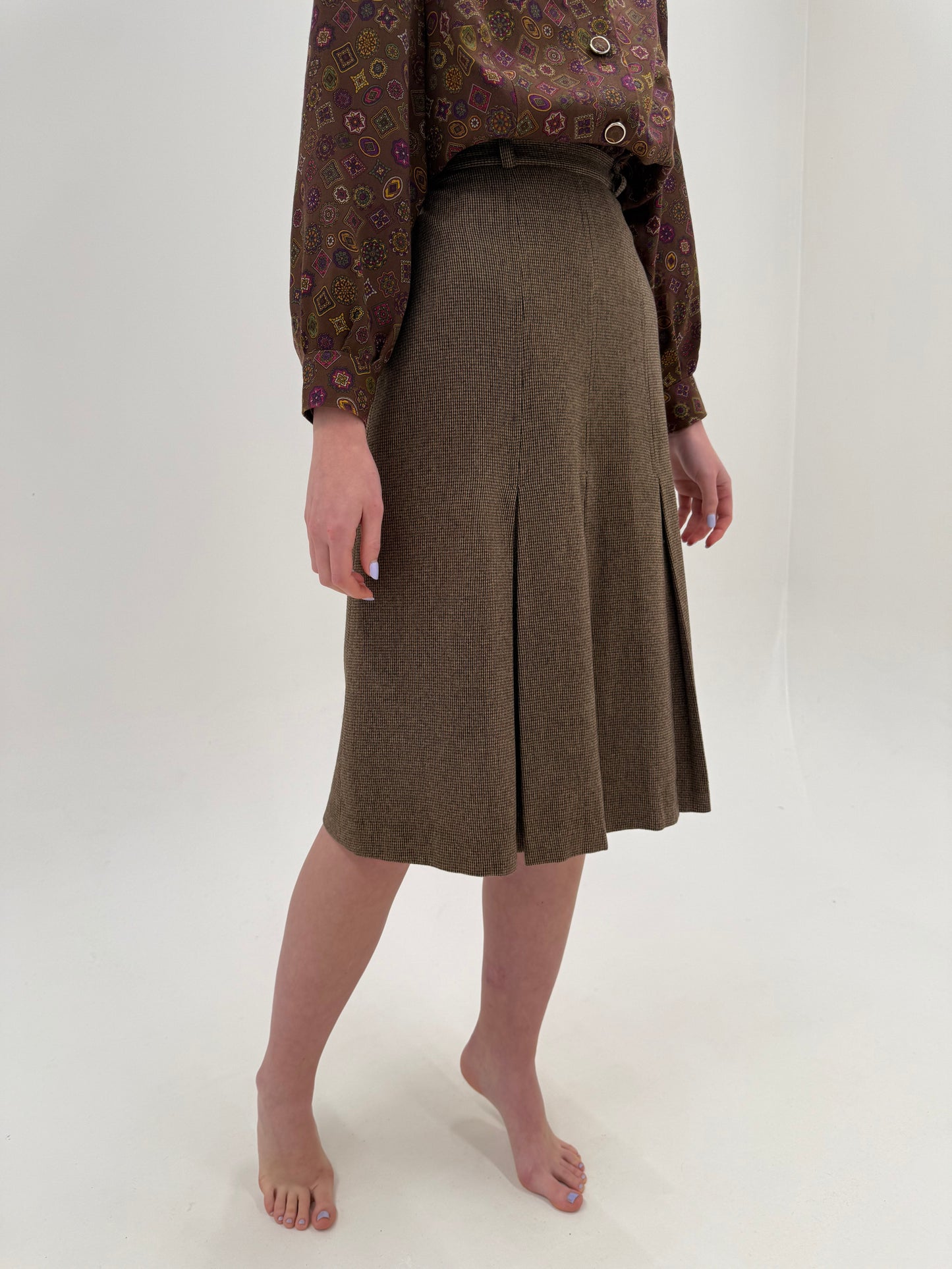 Fustă vintage midi taupe brown din lana extrafina cu talie ultra înaltă