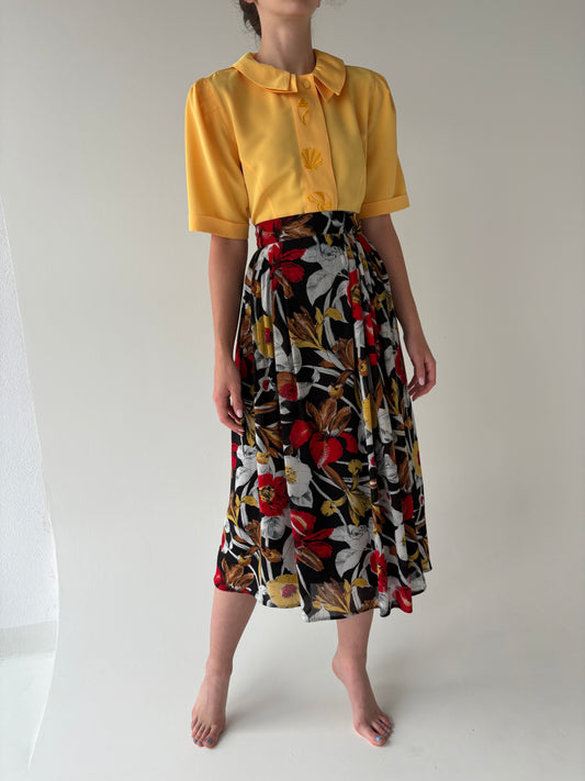 Fustă vintage neagră cu print floral superb și talie ultra înaltă marcată