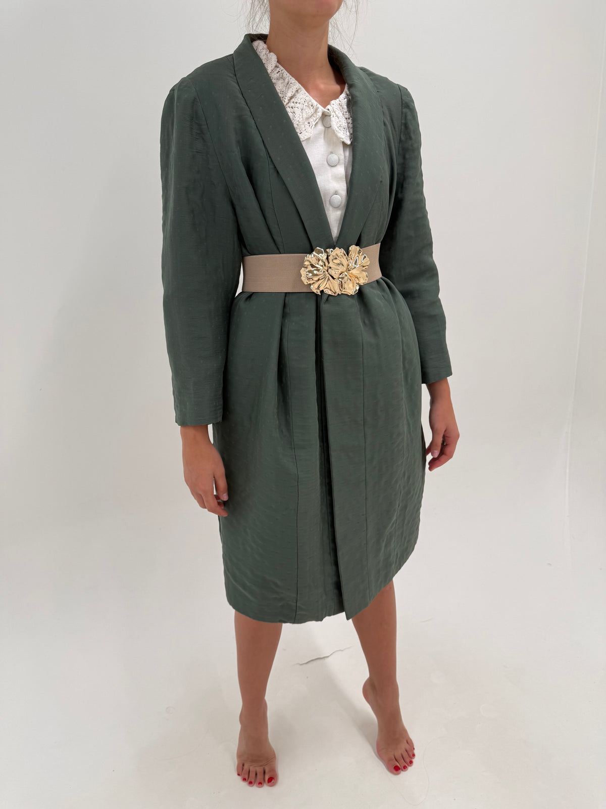 Palton sartorial italian din matlasé de mătase naturală dusty green de designer