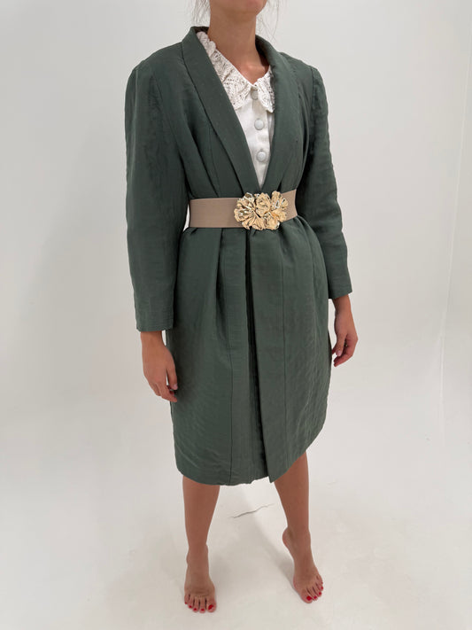 Palton sartorial italian din matlasé de mătase naturală dusty green de designer