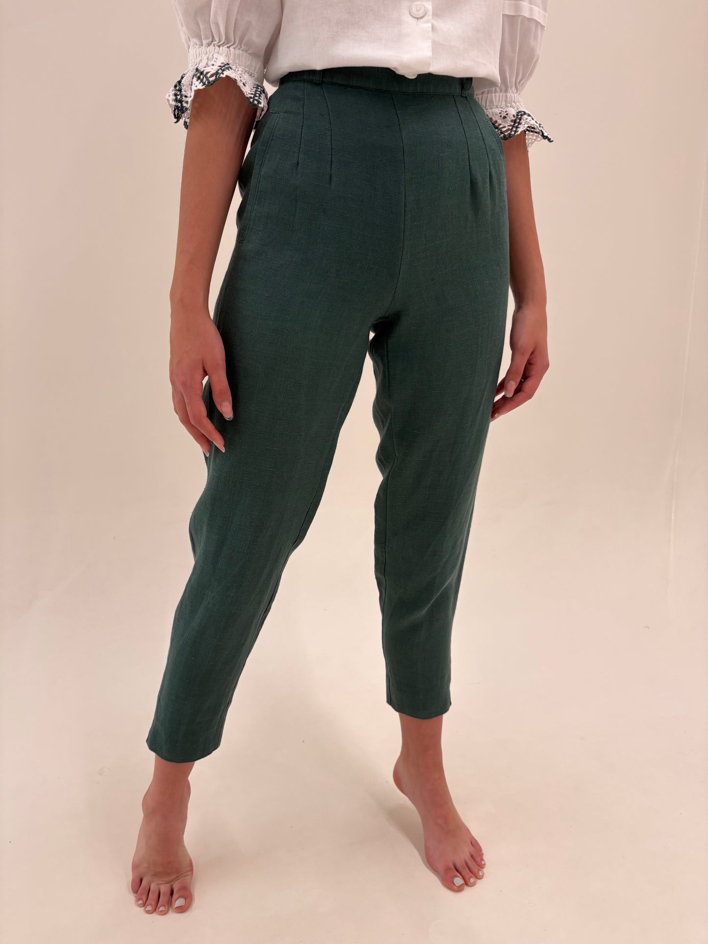 Pantaloni țigaretă din pânză de in dark green cu talie ultra înaltă