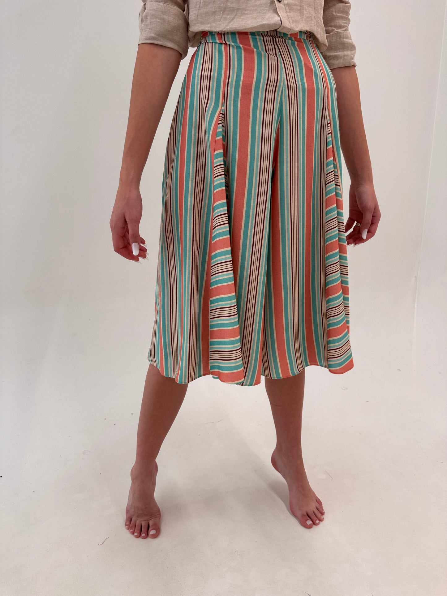 Culottes super vaporoși un dungi cu talie ultra înaltă coral red și mint green