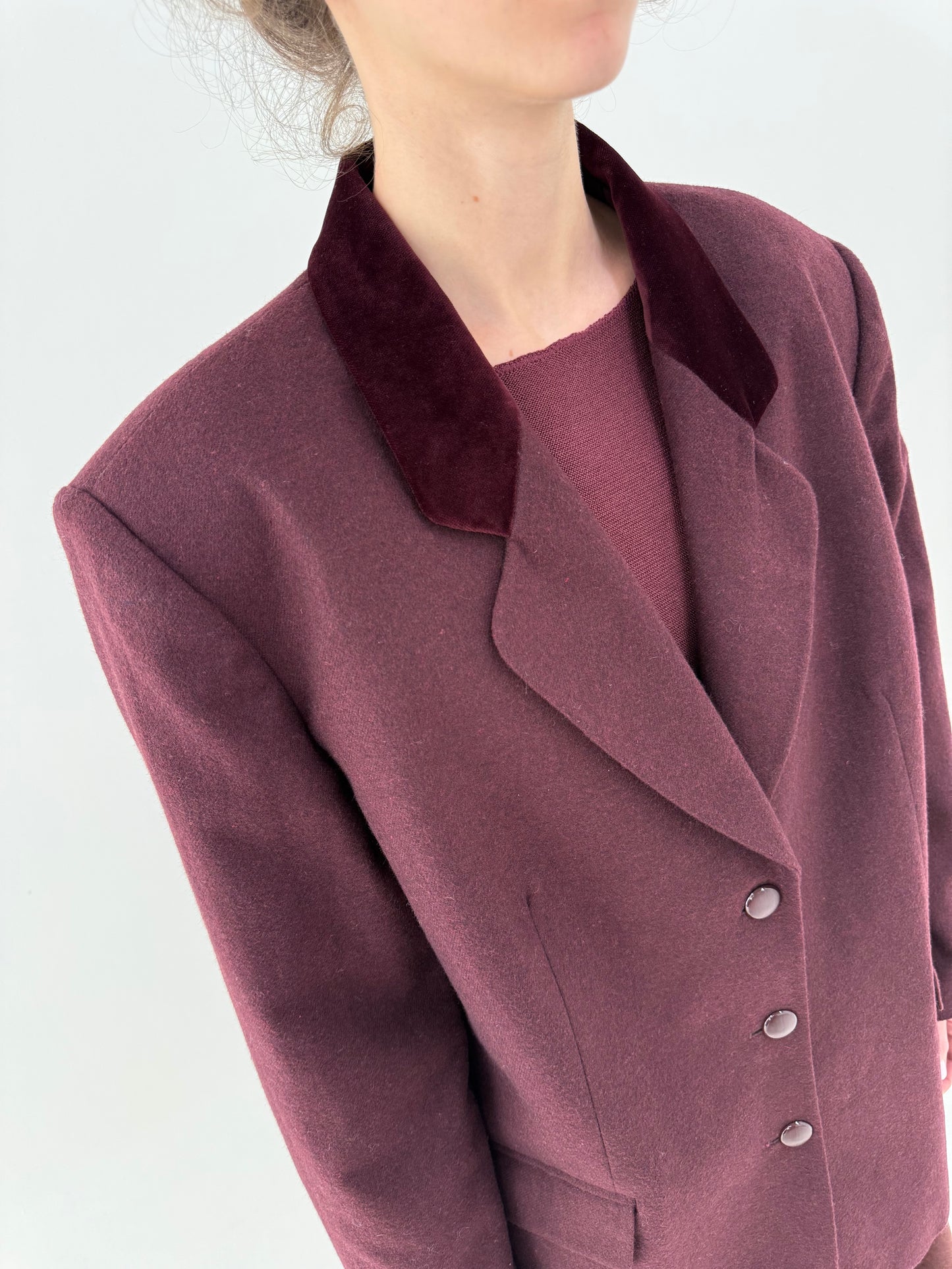 Sacou vintage burgundy din stofă ușor structurată de lana extrafina