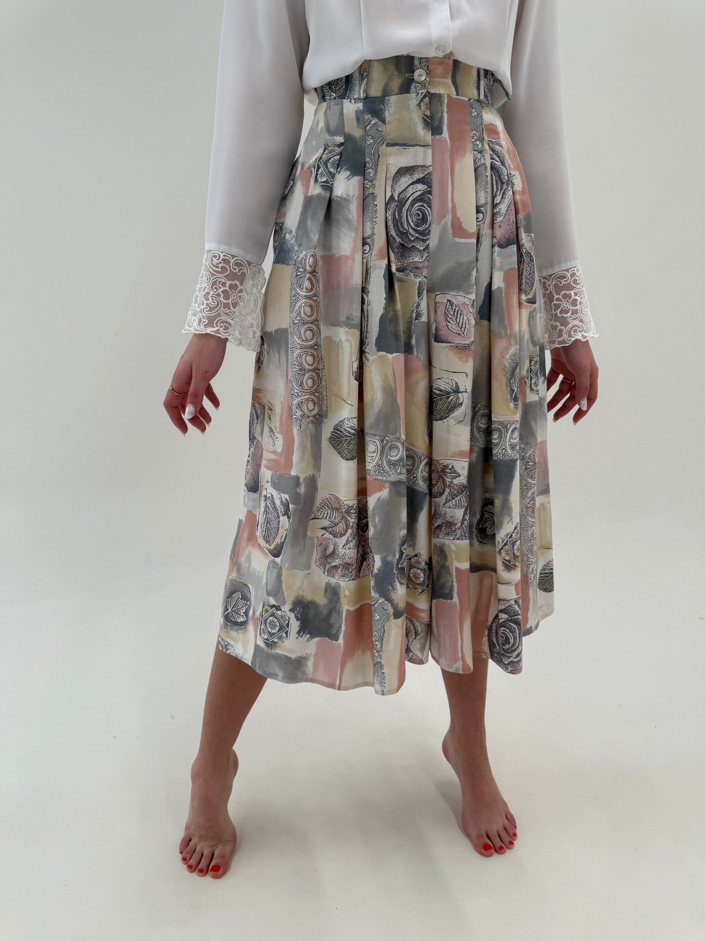 Fustă vintage pantaloni în culori pudrate cu talie ultra înaltă marcată elastică