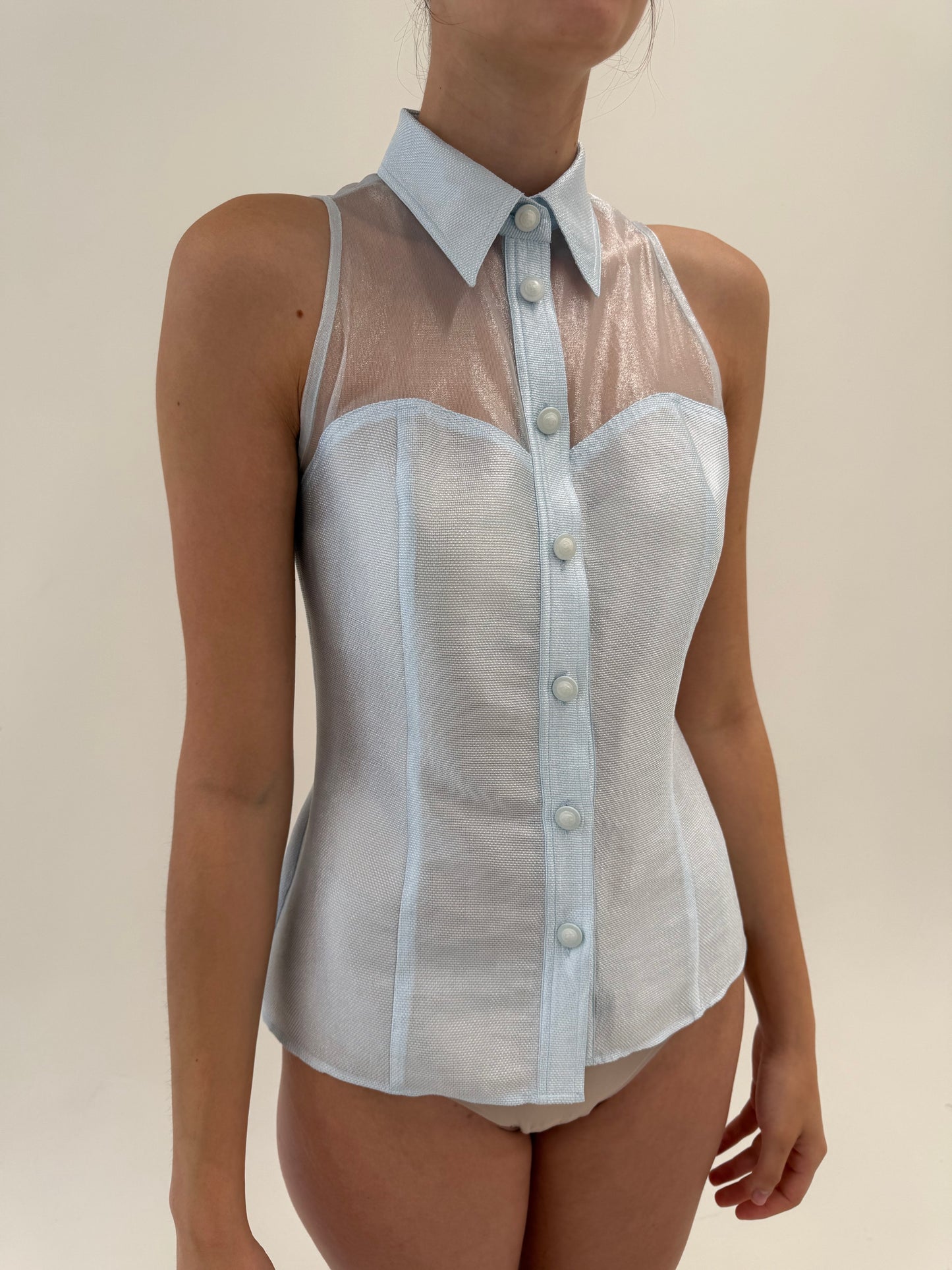 Corsaj vintage Versace baby blue din panzica perlata și organza