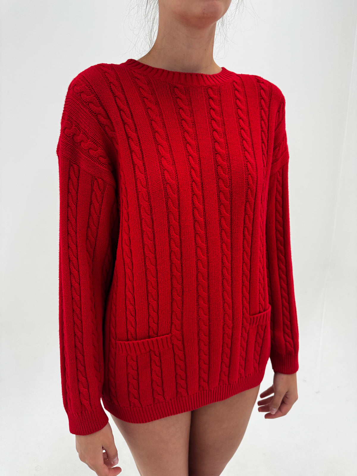 Pulover dark cherry red din bumbac gros de gramaj mare cu torsade