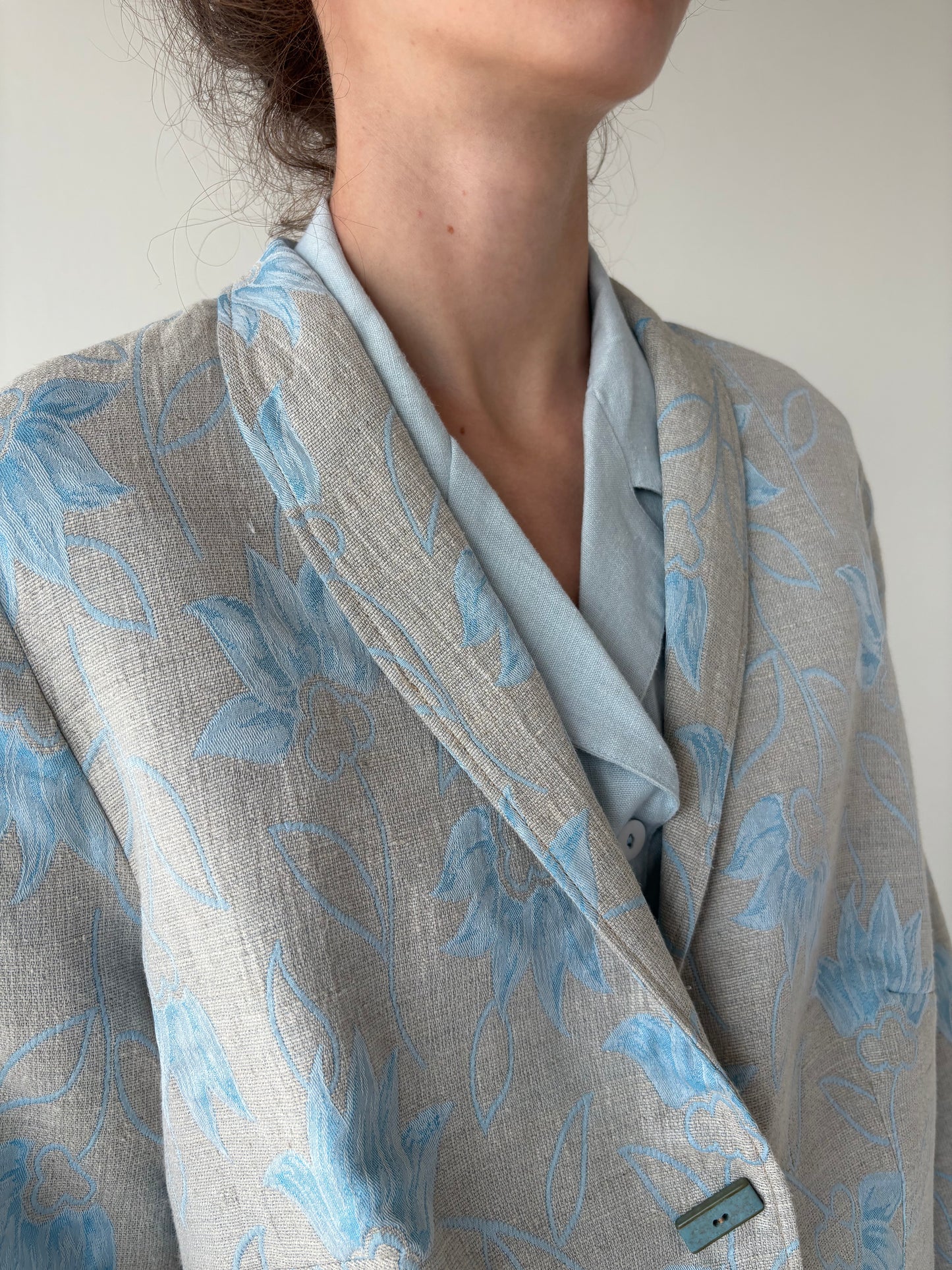 Sacou vintage din pânză excepțională de in cu print baby blue