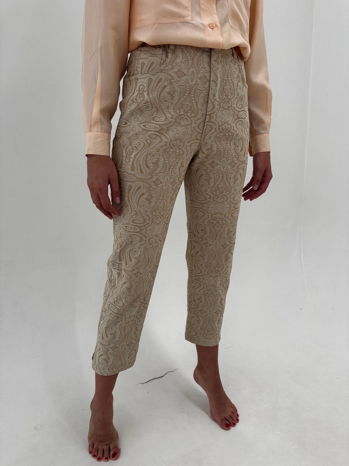 Pantaloni camel mom fit din brocart ultra confort modelator petite