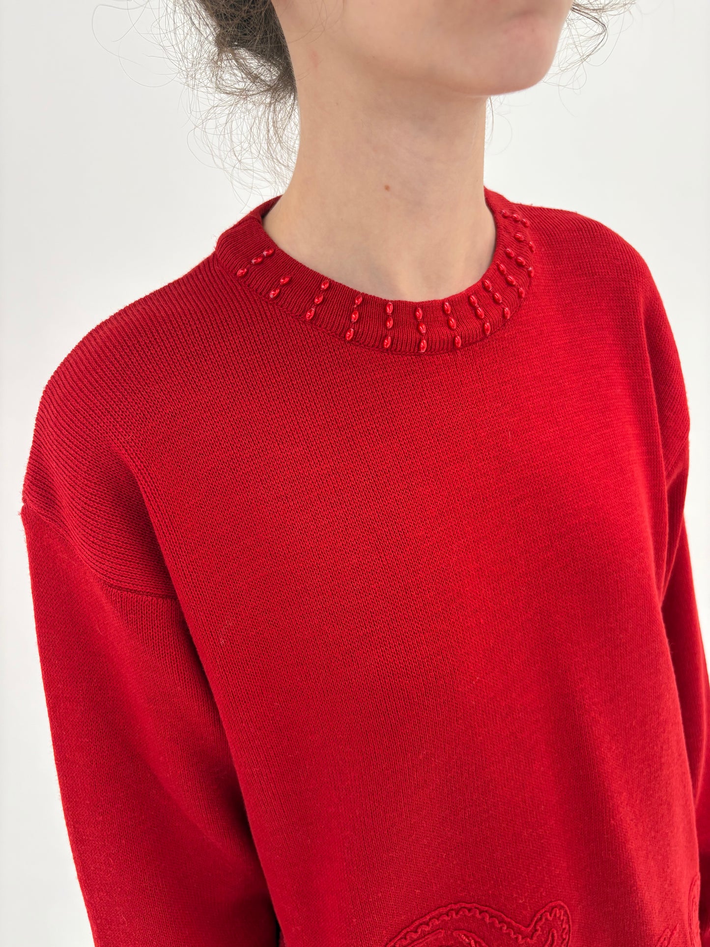 Pulover vinatge italian cherry red din lana merino extrafina de gramaj mare