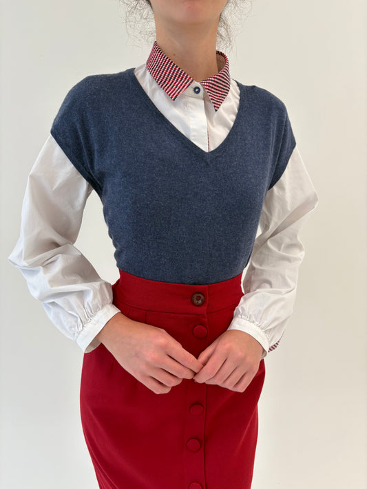 Vestă / top jeans blue din mătase naturală și cașmir