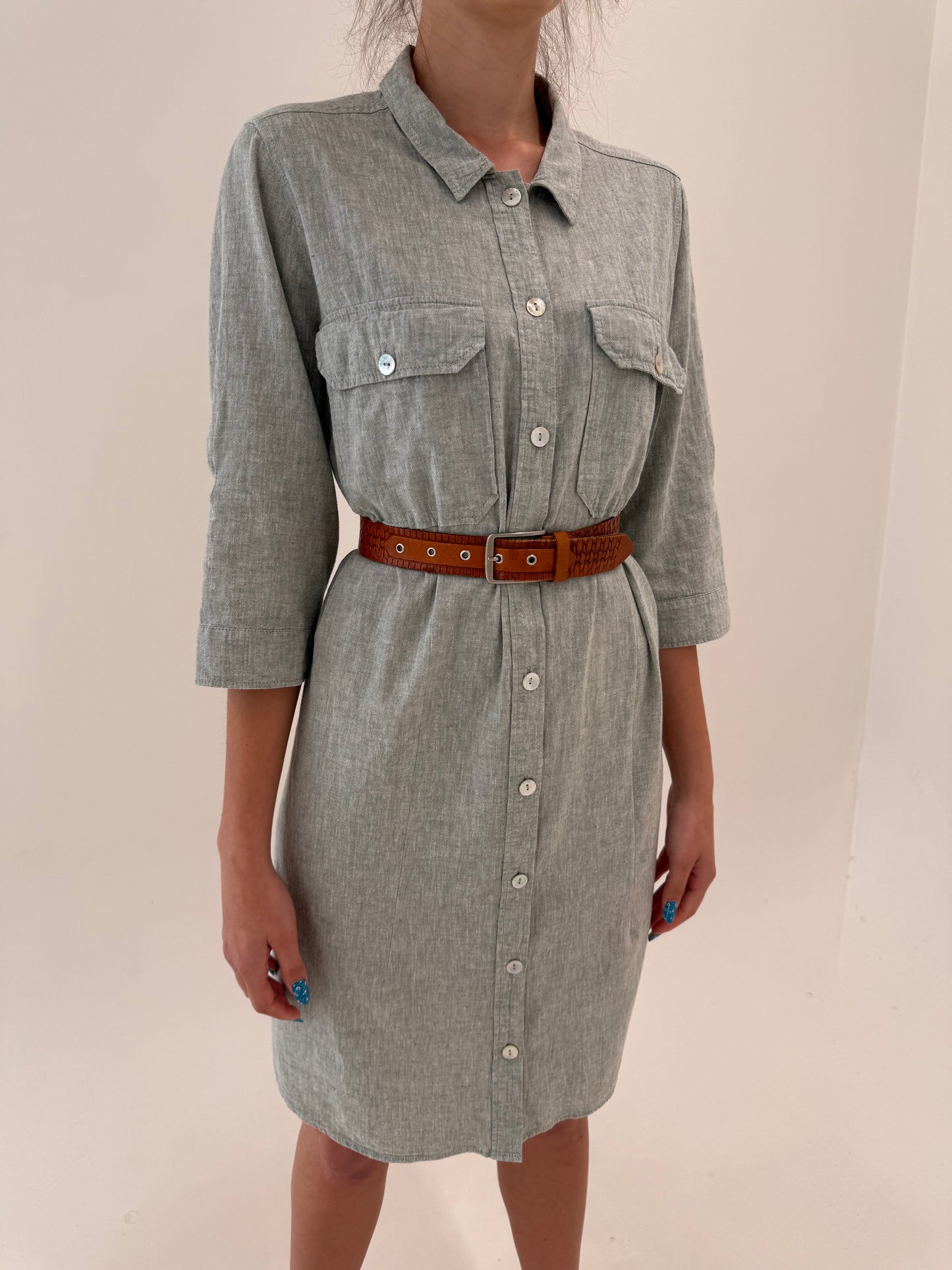 Rochie italiană din in premium silver gray melanj în croi clasic
