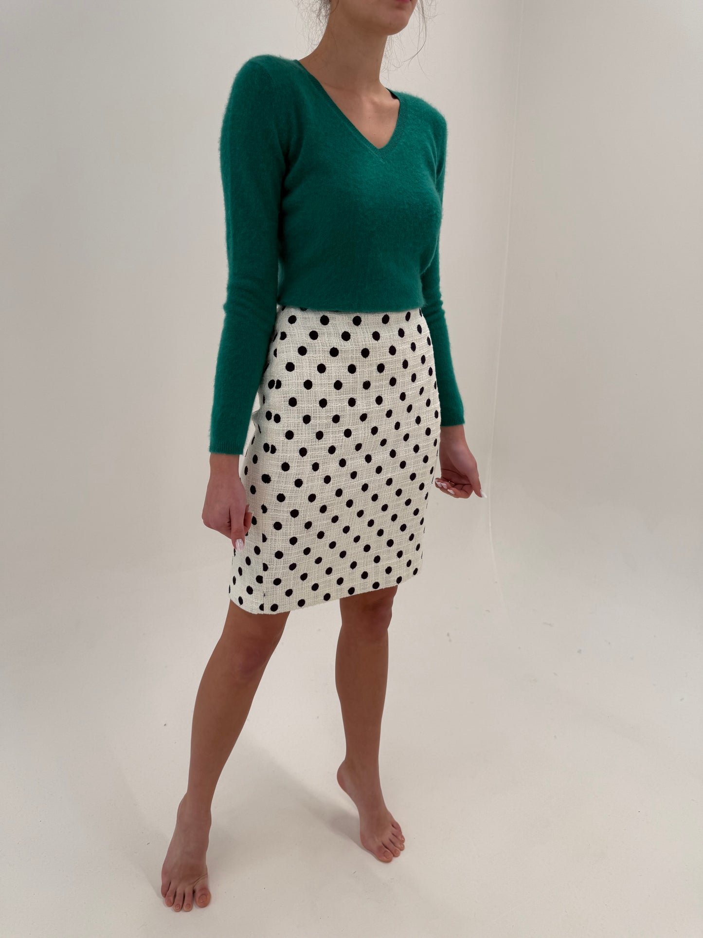 Fustă cu talie înaltă din tweed de bumbac cu buline