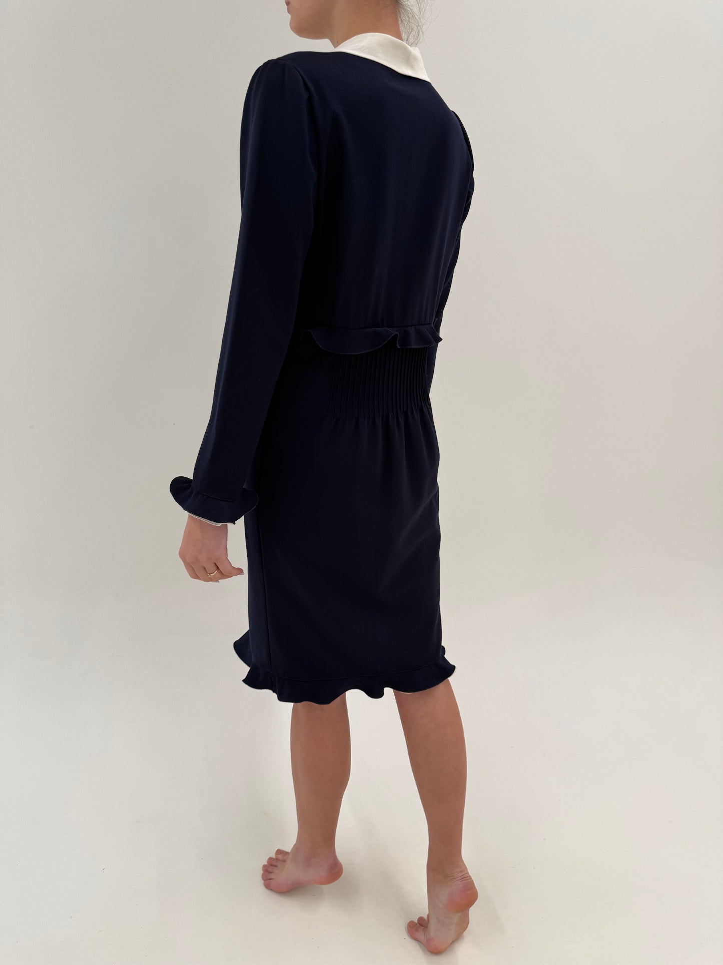 Rochie vintage în croi elaborat din lana extrafina și mătase cu guler contrastant