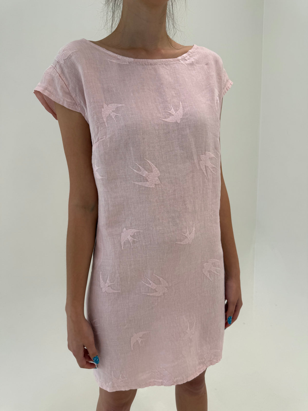Rochie ultra confort italiană roz pudrat din in premium cu buzunare