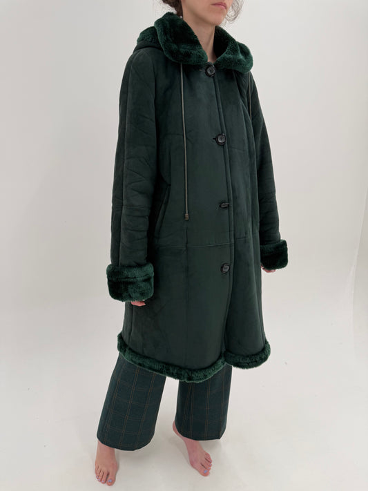 Duffle coat din shealring eco forest green cu glugă detașabilă