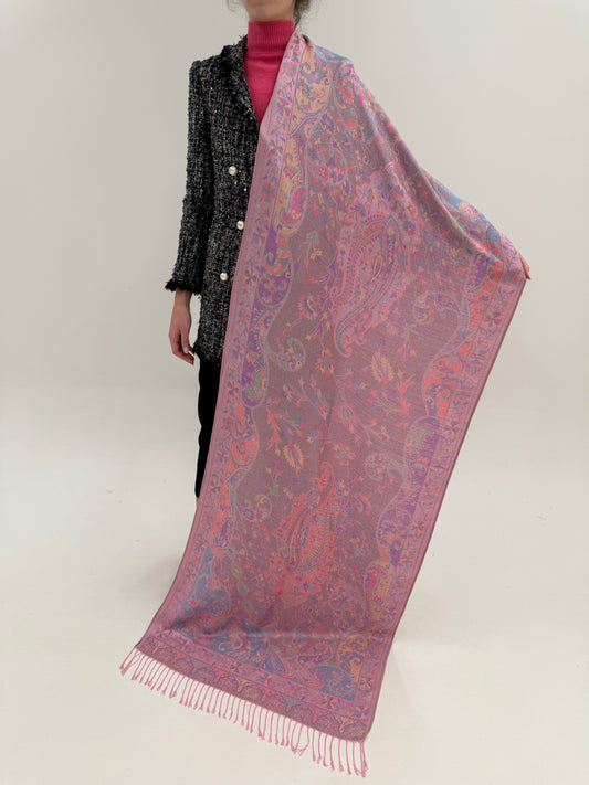 Shawl roz pudrat din cașmir cu print paisley în culori pastelate