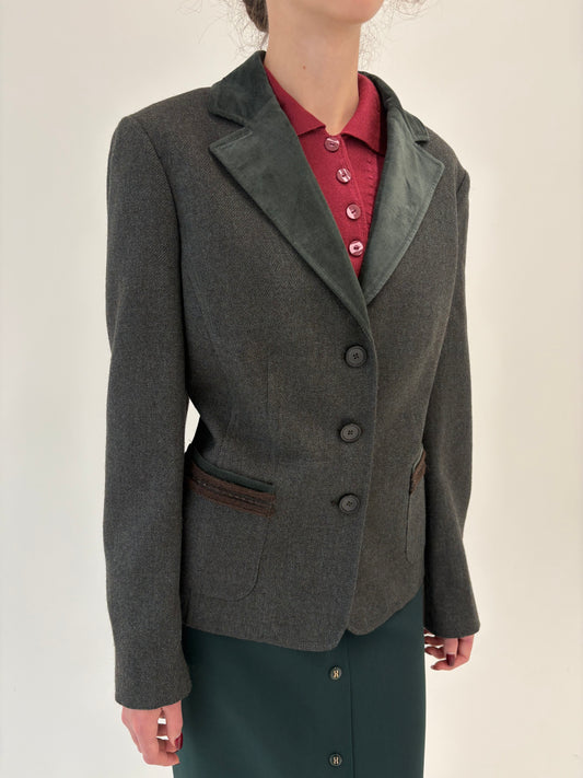 Sacou vintage dark green gray din lana extrafina în croi ușor cambrat