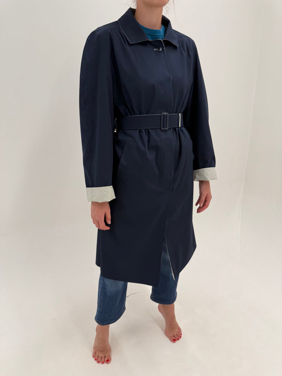 Trench vintage din gatabardina in croi revenit în trend cu talie reglabilă și 2 fețe