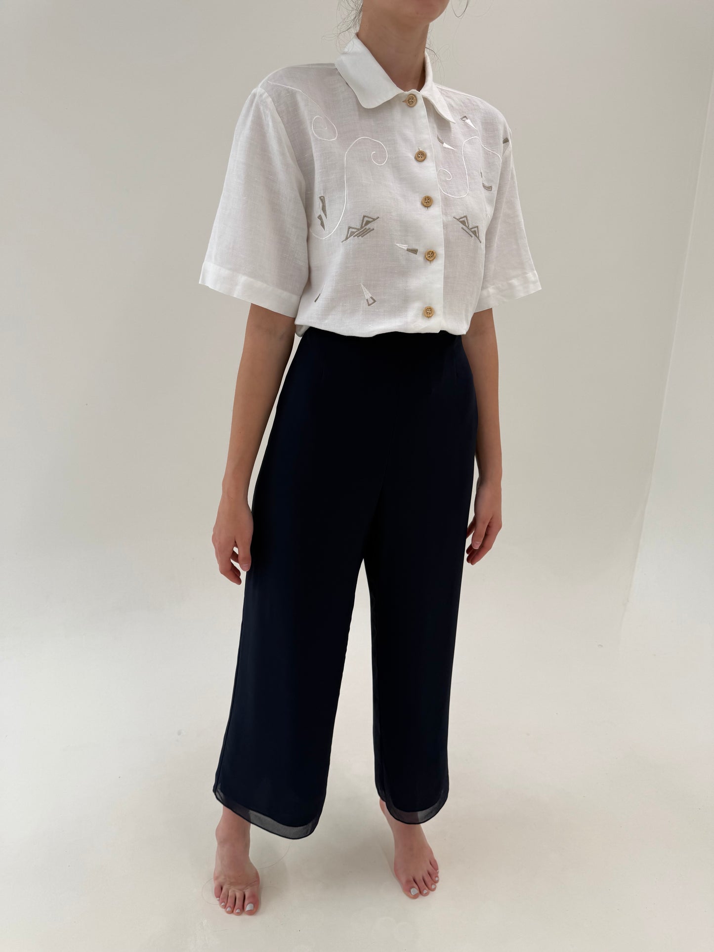 Pantaloni Navy palazzo din voal de la zi la cocktail cu talie ultra înaltă