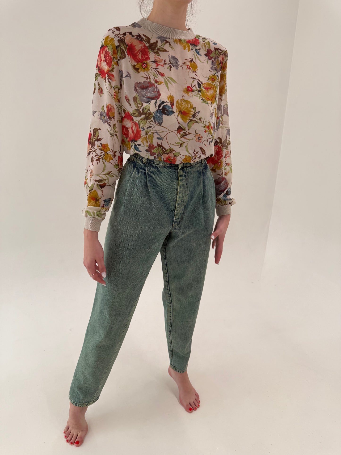Jeans vintage tall green wash cu talie ultra înaltă și pense