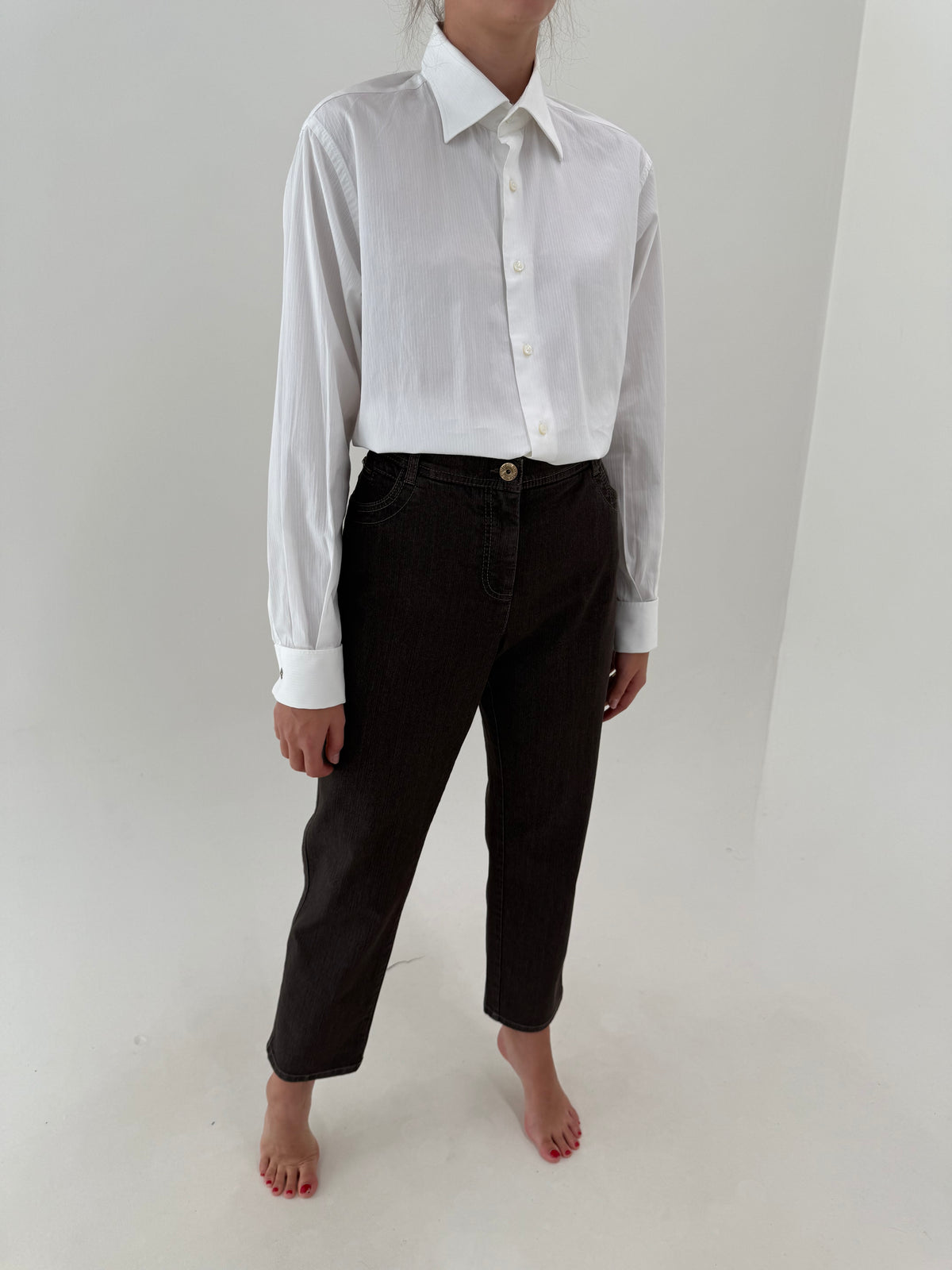 Jeans chocolate brown ultra confort modelatori cu etichetă straight leg