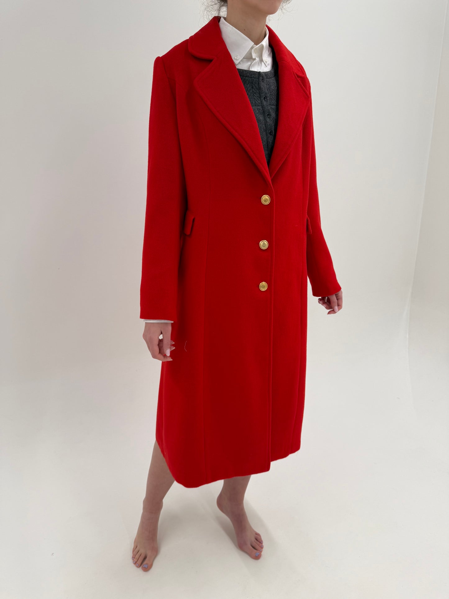 Palton din stofă extrafina de lana în croi lung cu nasturi aurii