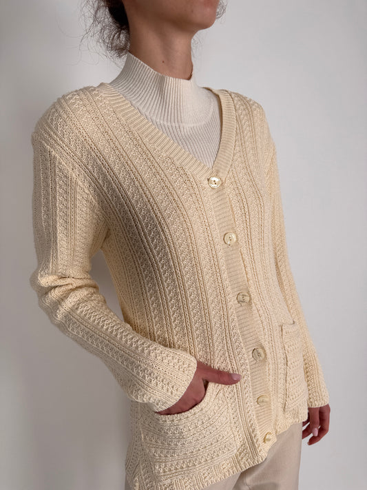 Cardigan butter white din bumbac texturat de gramaj mare