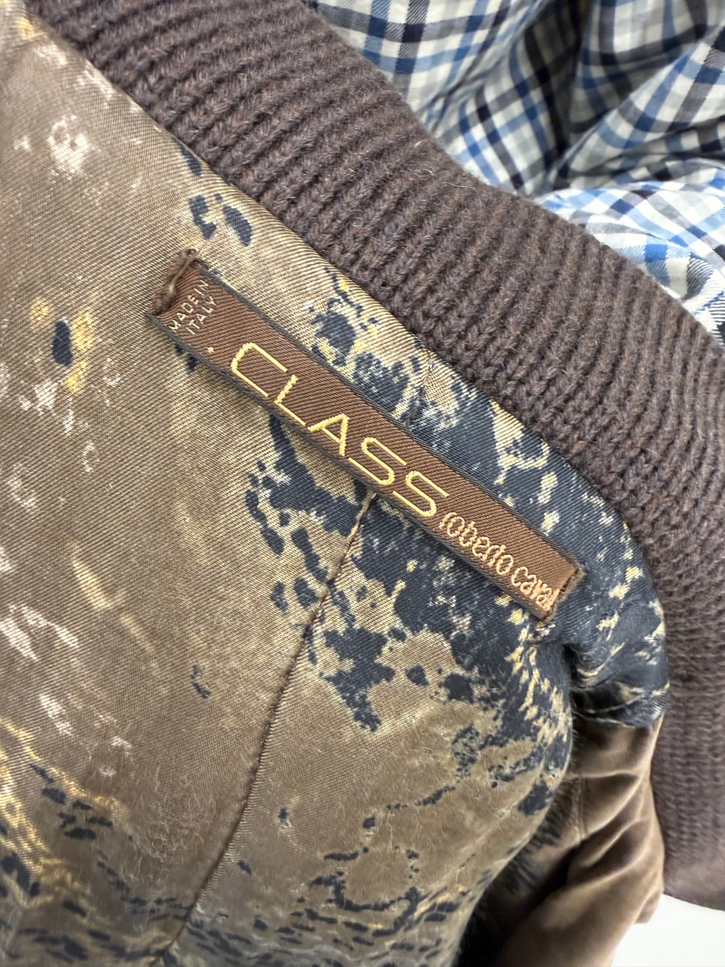 Bomber jacket vintage Roberto Cavalli tall din piele, bumbac și mâneci din lana