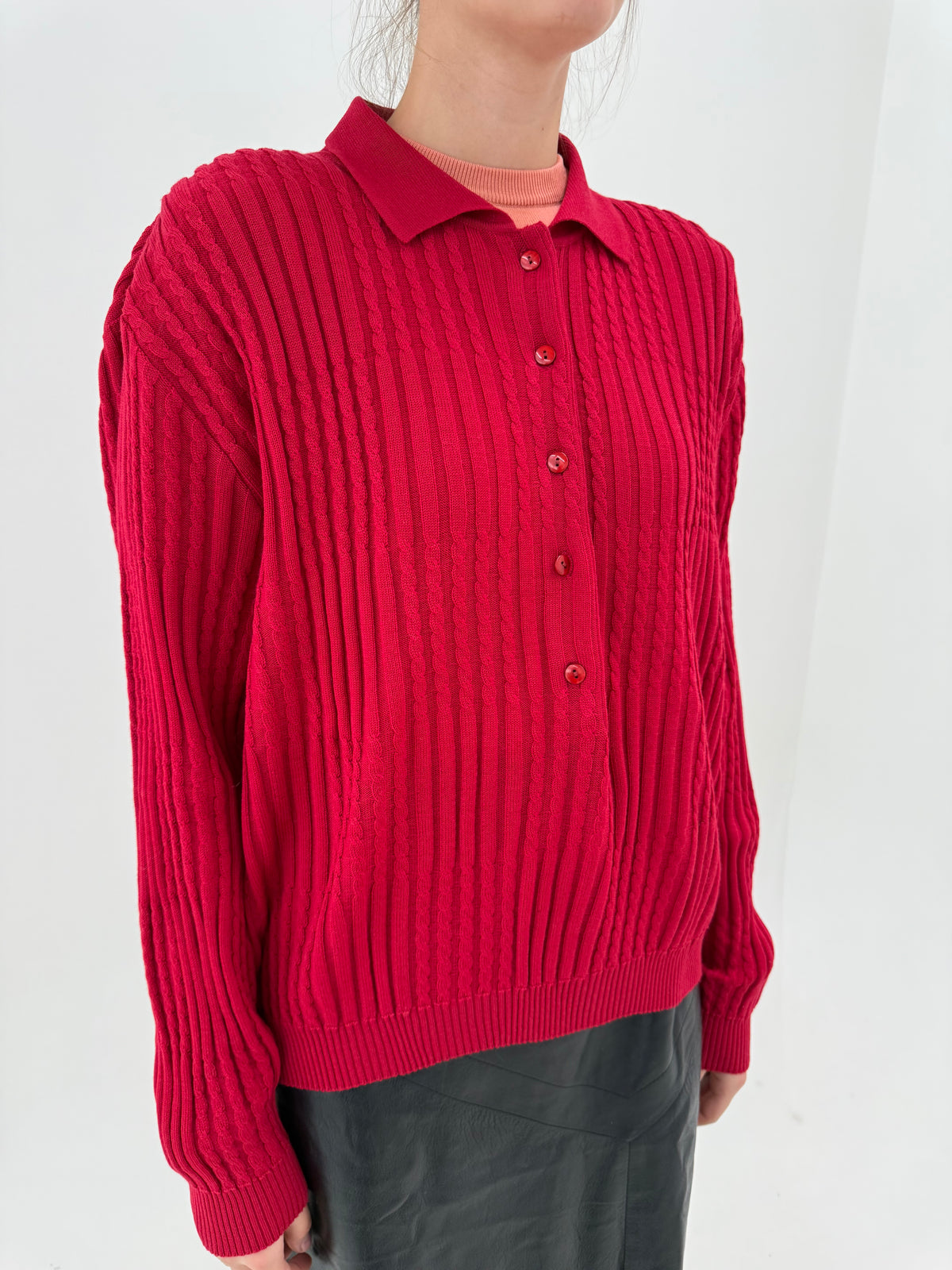 Pulover vintage polo italian din lana merino extafina cu torsade raspberry red