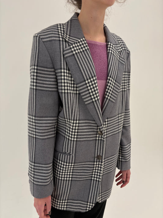 Sacou în carouri din stofă de lana extrafina pura certificată în croi lung