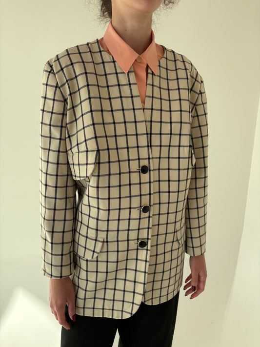 Sacou vintage ivoire cu negru în croi retro modern din lana extrafina