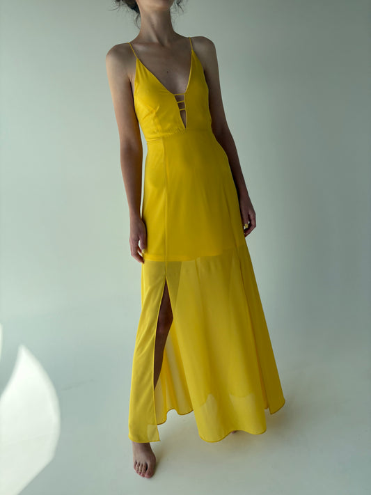 Rochie maxi lemon yellow cu spate decupat reglabil