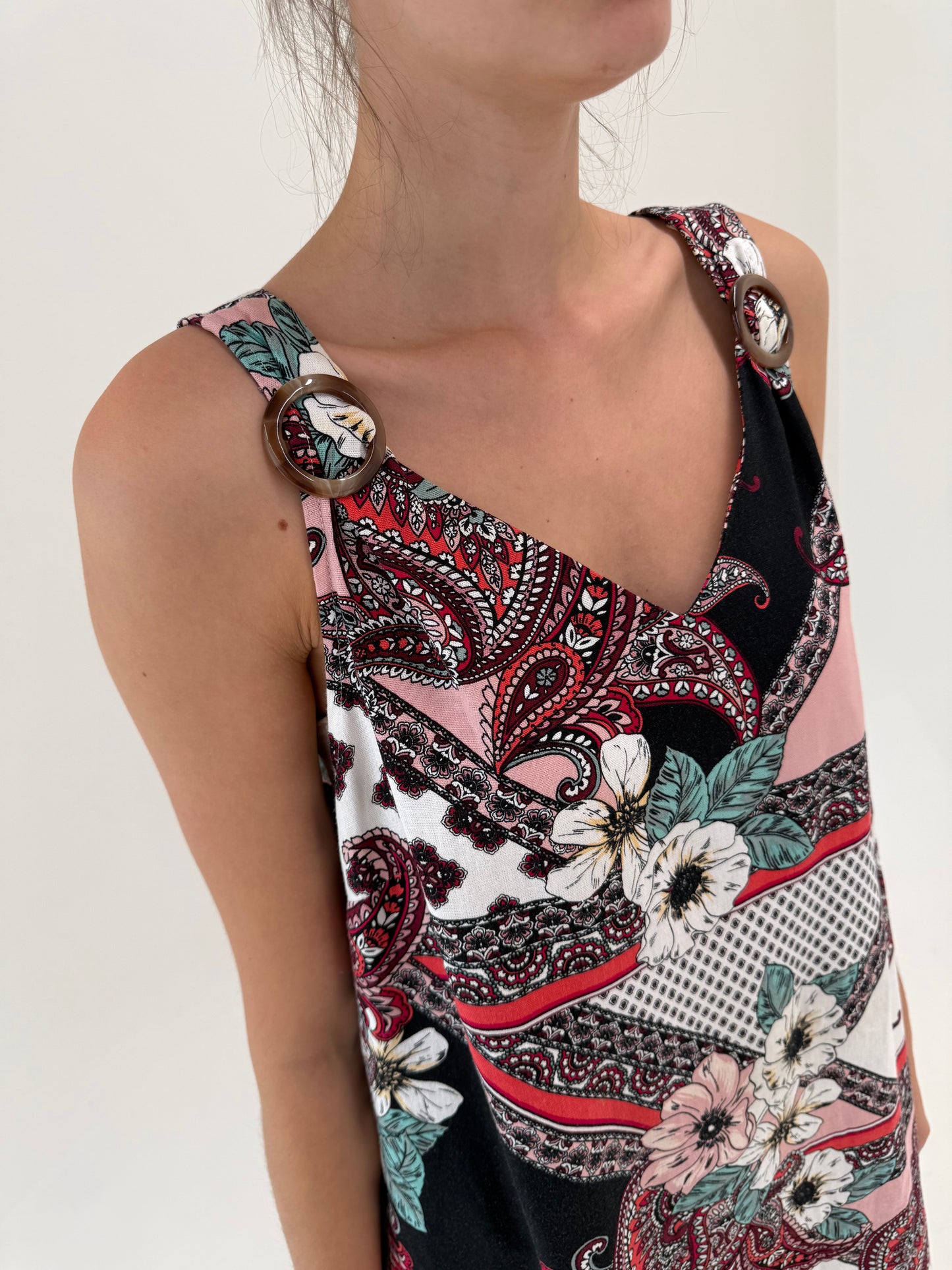 Rochie din panza de in cu print paisley și buzunare