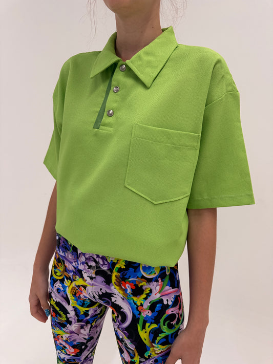 Top polo Versace verde tare din pânză fină ușor structurată