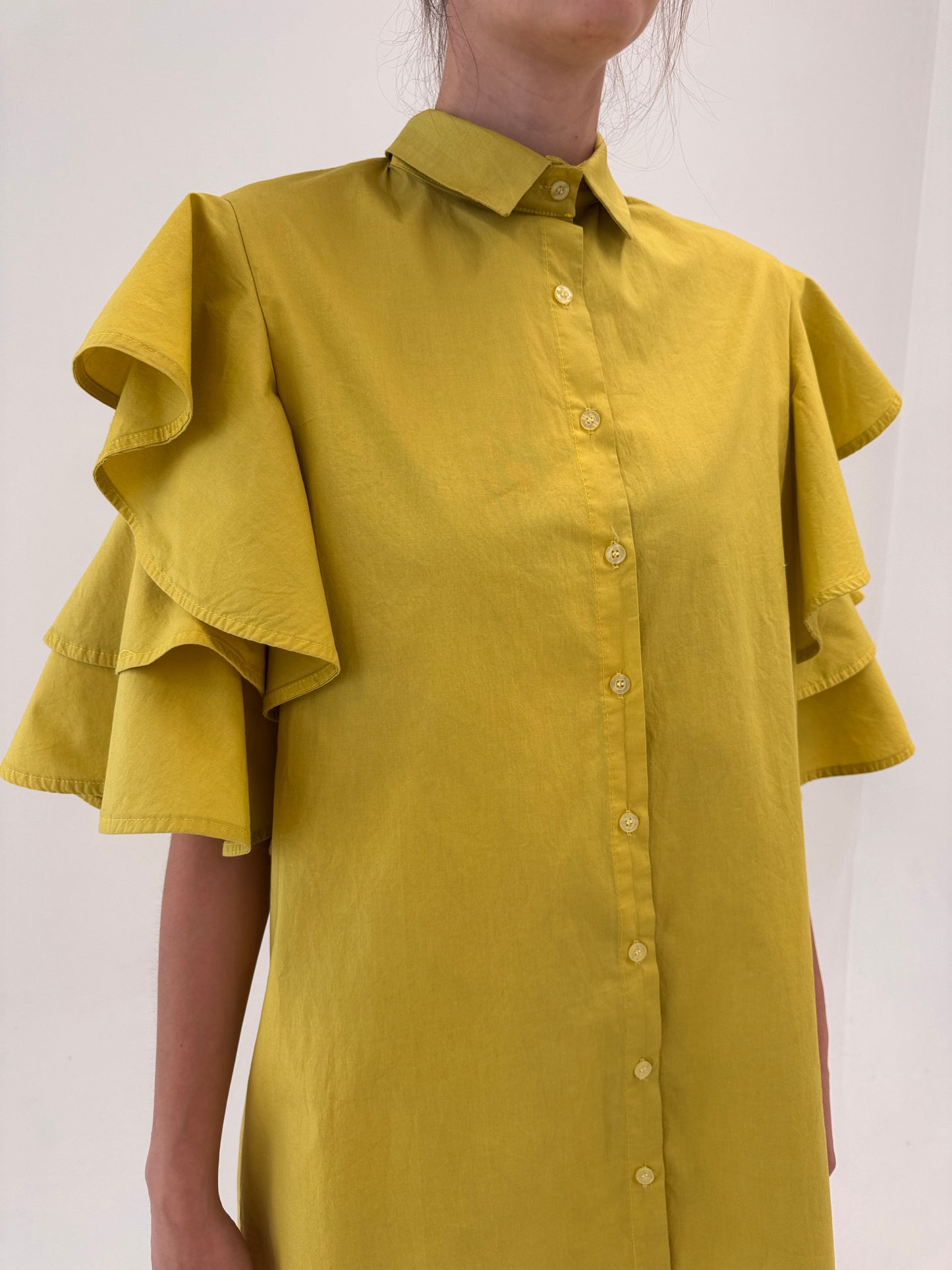 Rochie chartreuse cu mâneci spectaculoase din poplin de bumbac