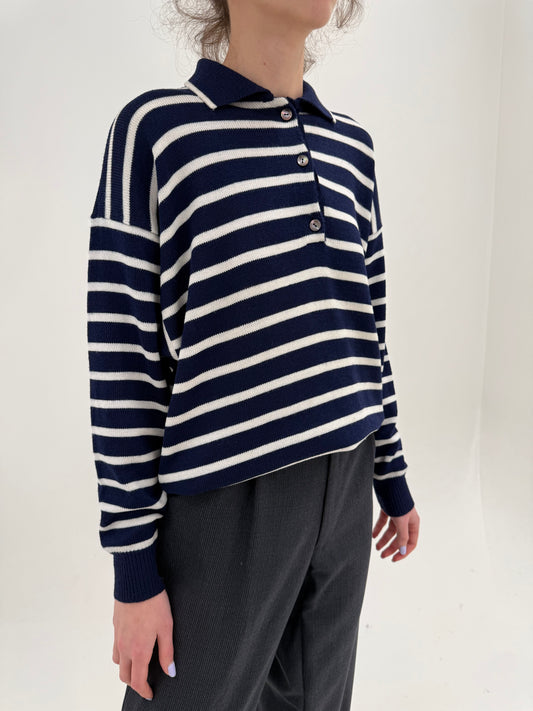 Pulover vintage polo în dungi din lana merino extrafina de gramaj mare