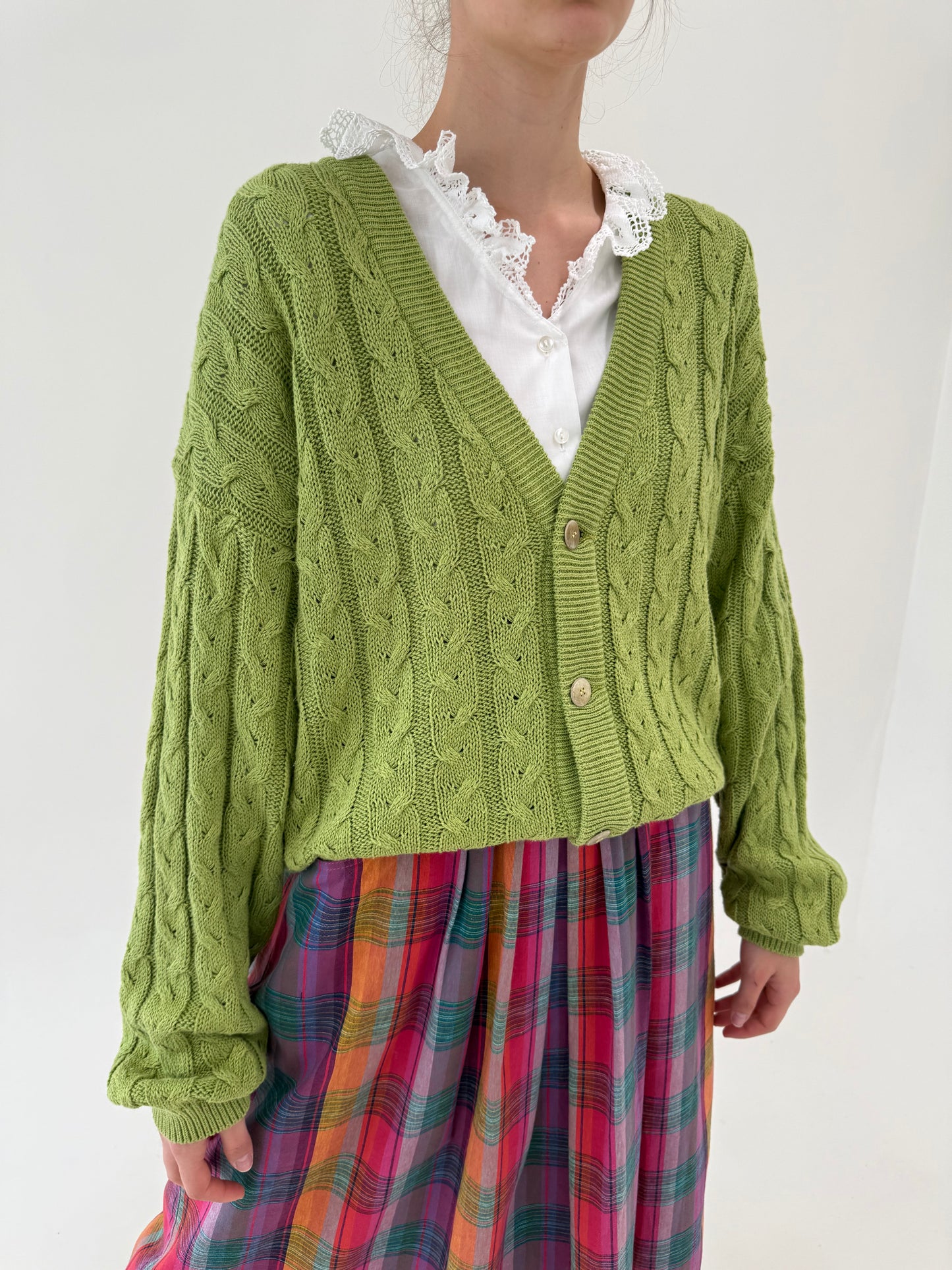 Cardigan verde crud tall din bumbac excepțional cu torsade