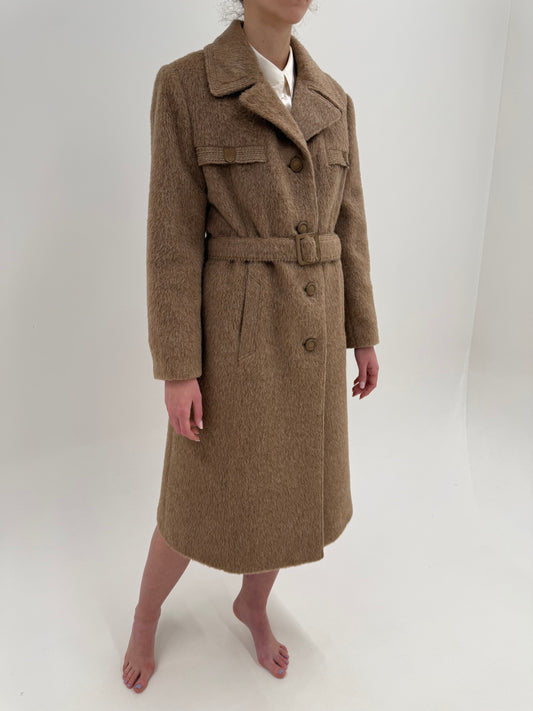 Palton tip Teddy coat camel din 100% alpaka cu cordon și croi lung