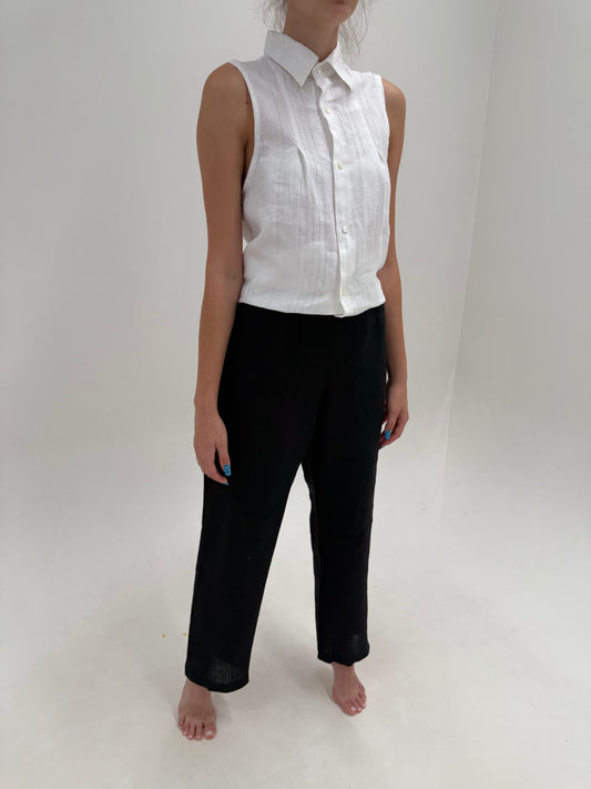 Pantaloni tall din in negru cu talie ultra înaltă în croi țigaretă